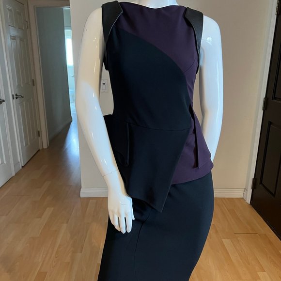$2300 ANTONIO BERARDI ASYMMETRICAL LEATHER TRIM SHEATH DRESS SZ 40 IT / 6 US - Picture 1 of 8